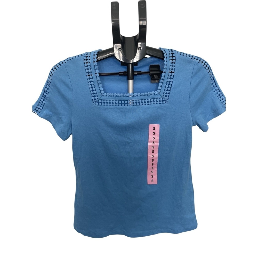 Rafaella Womens Blue Square Neck Crochet Lace Trim‎ Short Sleeve Top Size S NEW